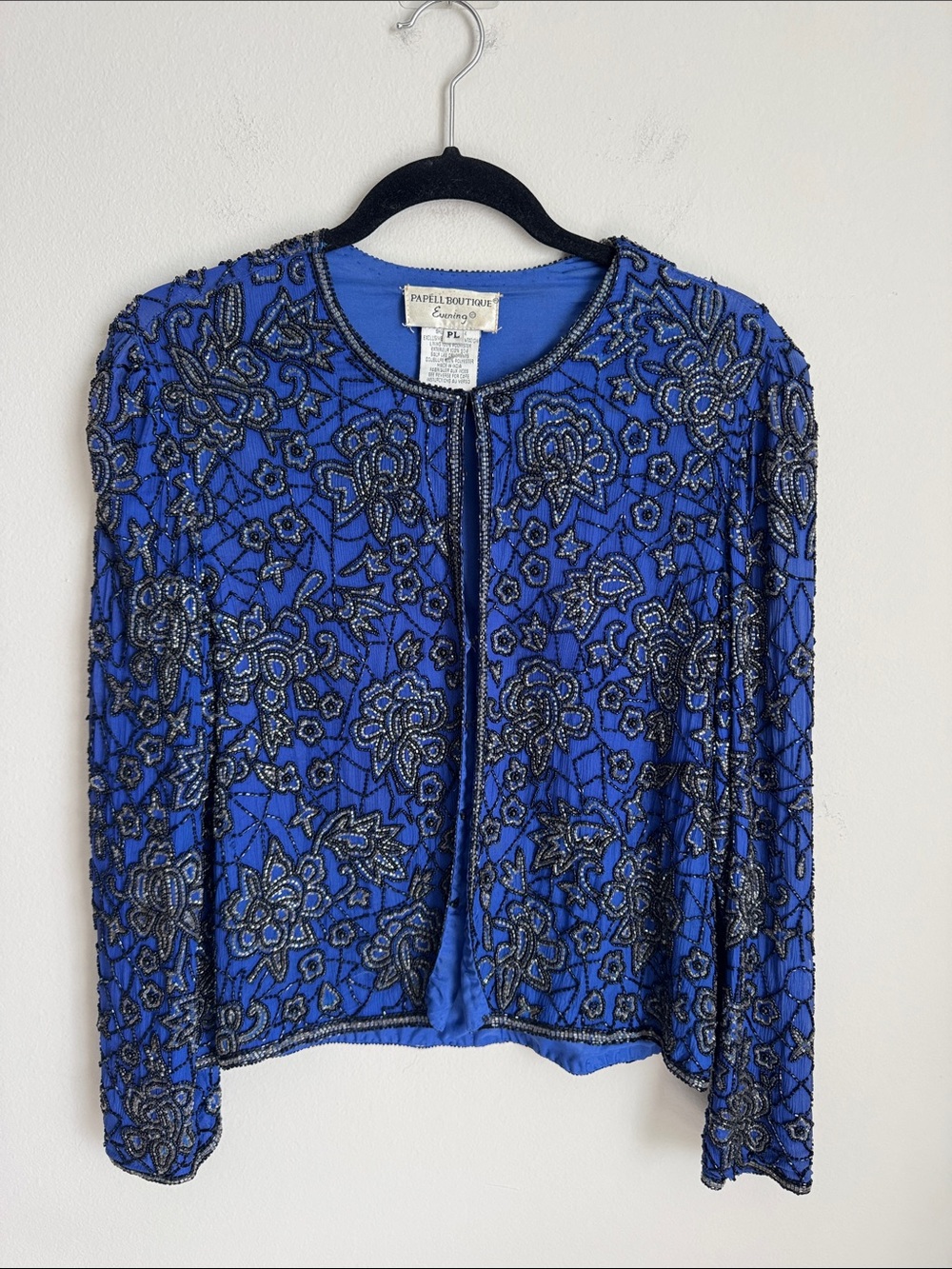Vintage Papell Boutique Evening Royal Blue Beaded Floral Jacket Petite L